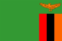 [ai] The national flag of Zambia featuring a green field, a copper eagle in flight at the top, and a vertical stripe of red, black, and orange on the right side.